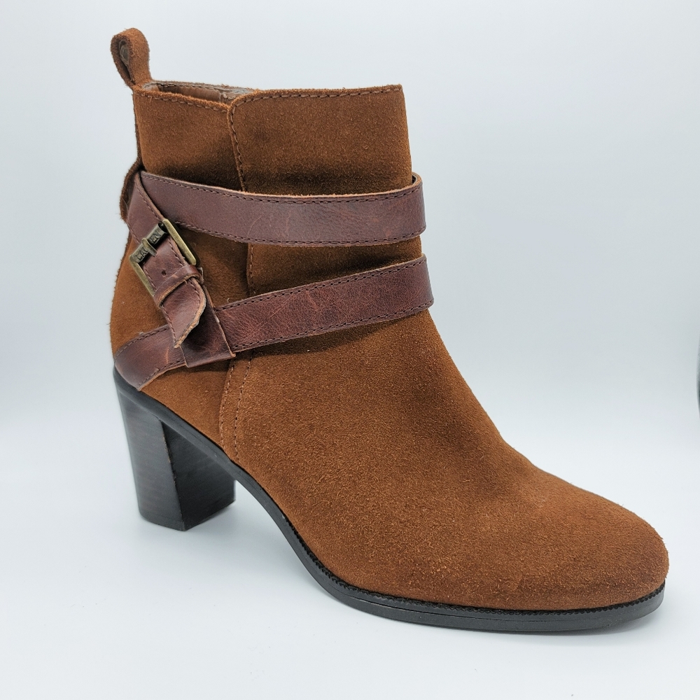 Ralph Lauren Suede Western Brown Ankle Boots With Buckle Straps and Side Zipper